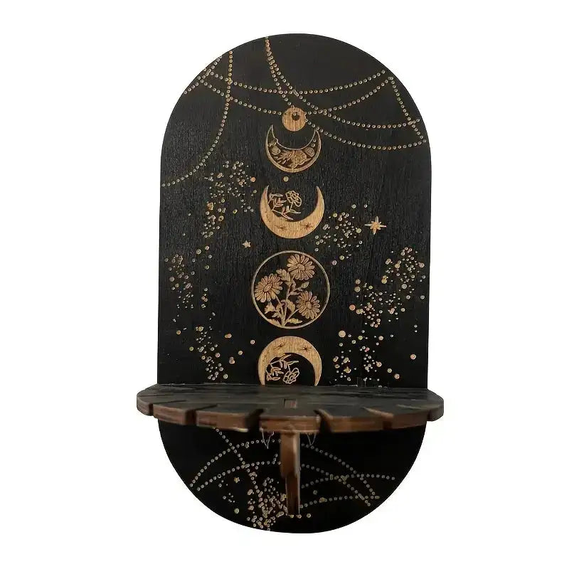 Boho Wooden Crystal Display Shelf – Floating Wall Mount Holder Rack for Crystals, Candles, Jewelry, and Home Decor Moon