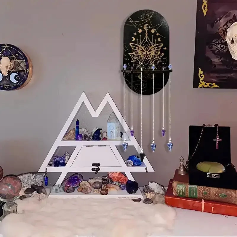 Boho Wooden Crystal Display Shelf – Floating Wall Mount Holder Rack for Crystals, Candles, Jewelry, and Home Decor