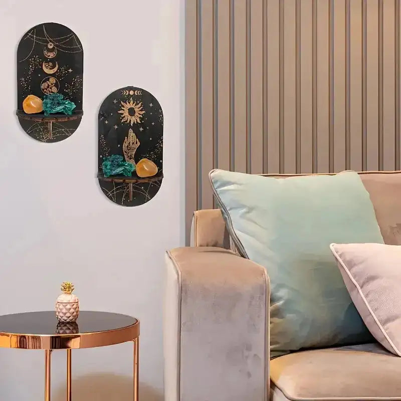 Boho Wooden Crystal Display Shelf – Floating Wall Mount Holder Rack for Crystals, Candles, Jewelry, and Home Decor