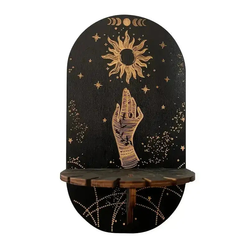 Boho Wooden Crystal Display Shelf – Floating Wall Mount Holder Rack for Crystals, Candles, Jewelry, and Home Decor Sun