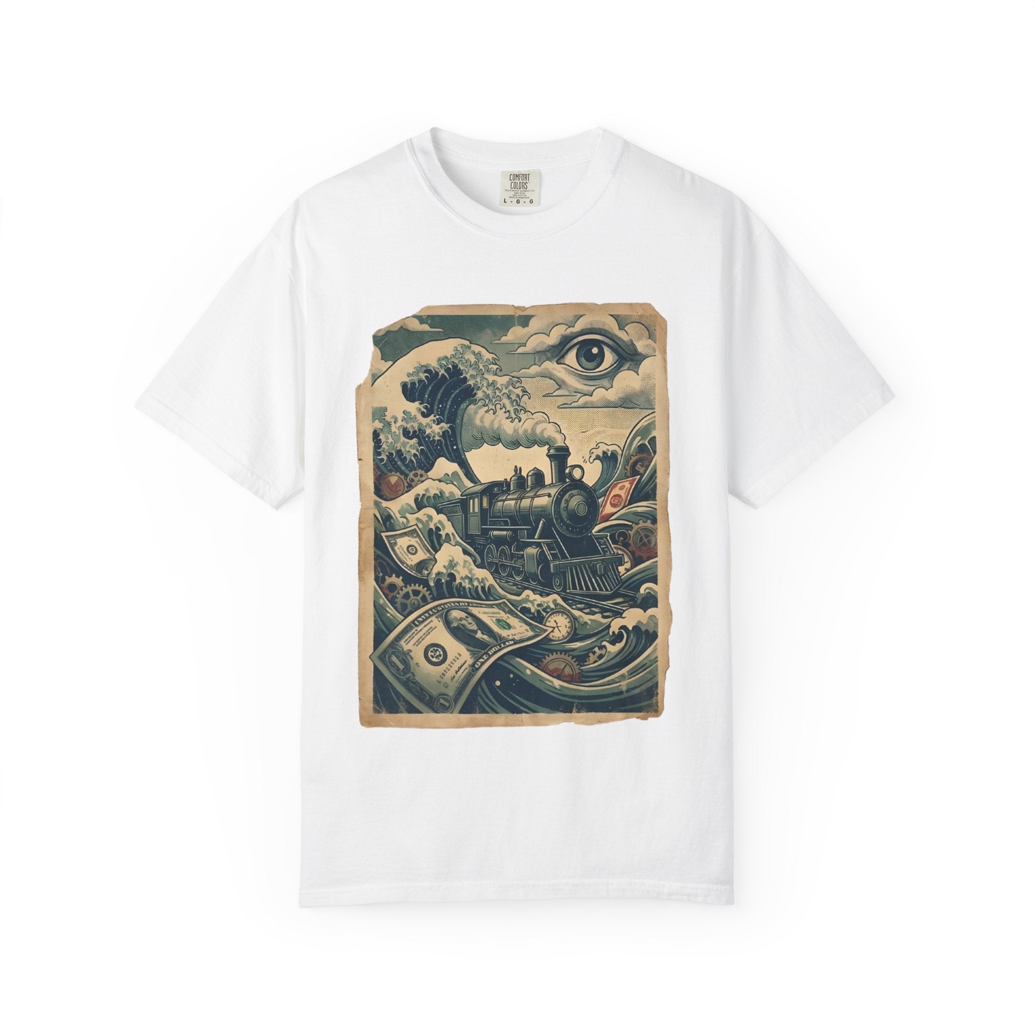 Financial Tsunami T-Shirt - Steam Train Economic Crisis Tee - Vintage Surrealist Satire Shirt - Sarcastic Money Wave Graphic White