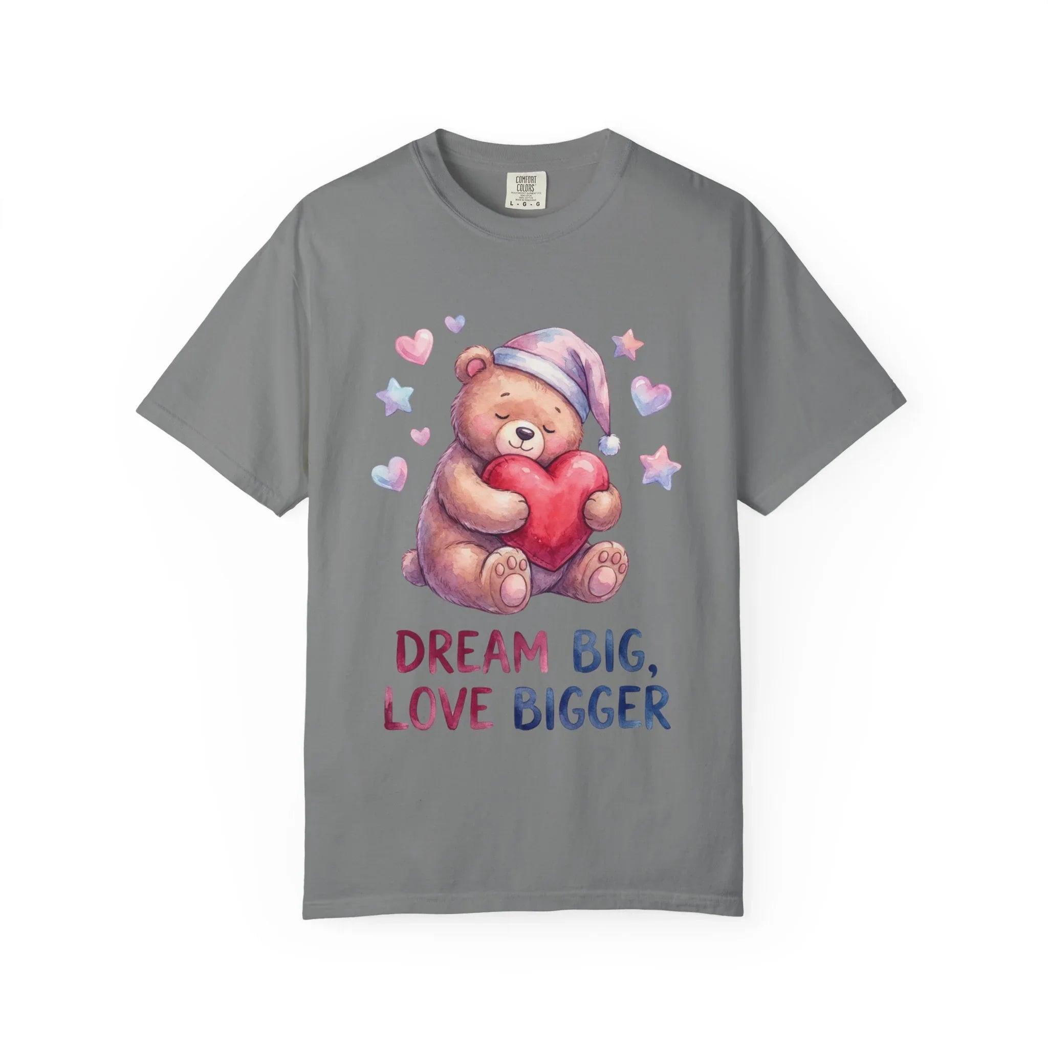 Teddy Bear Holding Heart Dream Big Love Bigger T Shirt Watercolor Cozy Vintage Aesthetic Gift Lovers Soft Cotton Motivational Tee Grey