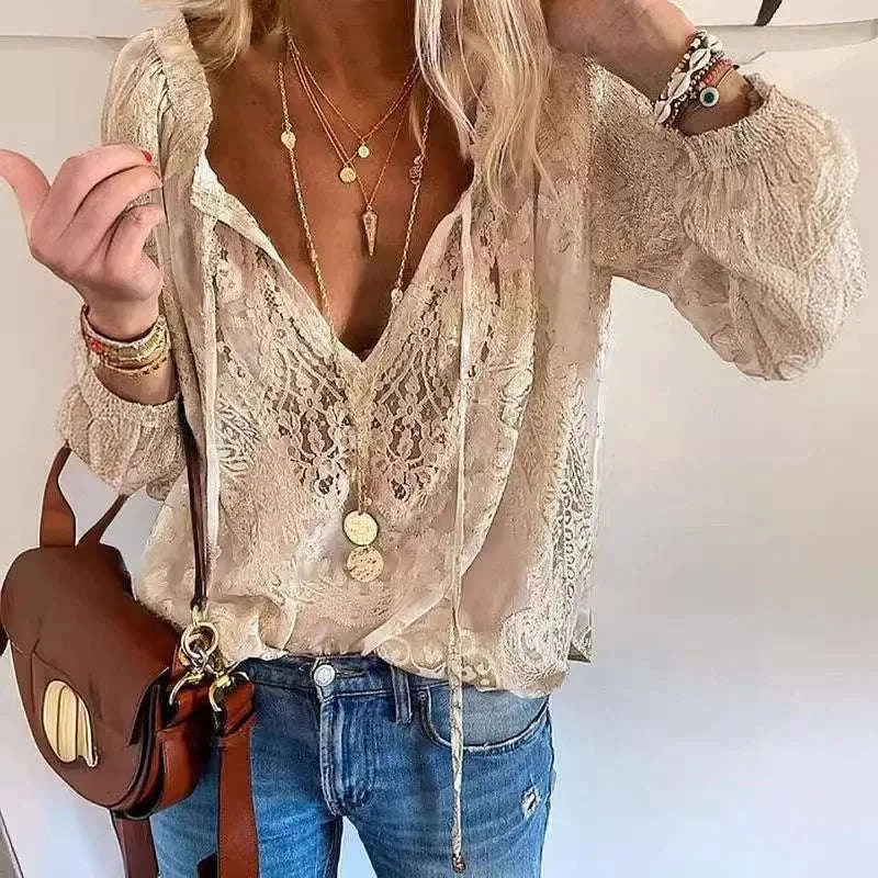 2025 Women's Boho Lace Blouse - Elegant Deep V Neck Pullover Top for Spring Summer Casual Wear