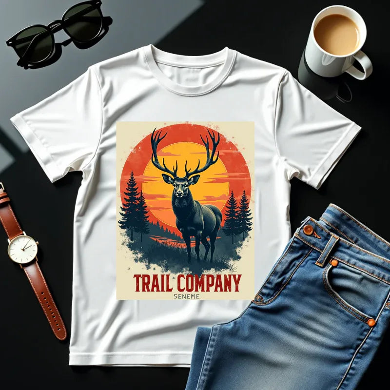 Stag Sunset Trail Company Shirt, Vintage Elk Deer Tee, Retro Sunset Forest T-Shirt, Hiking Camping Cabin Outdoors Gift White
