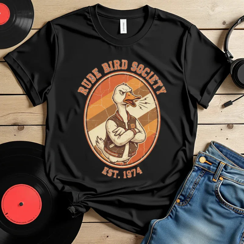 Dude Bird Society Goose T-Shirt | Retro Vintage Badge Est 1974 | Sunset Stripes Graphic | Garment-Dyed Heavyweight Unisex Black