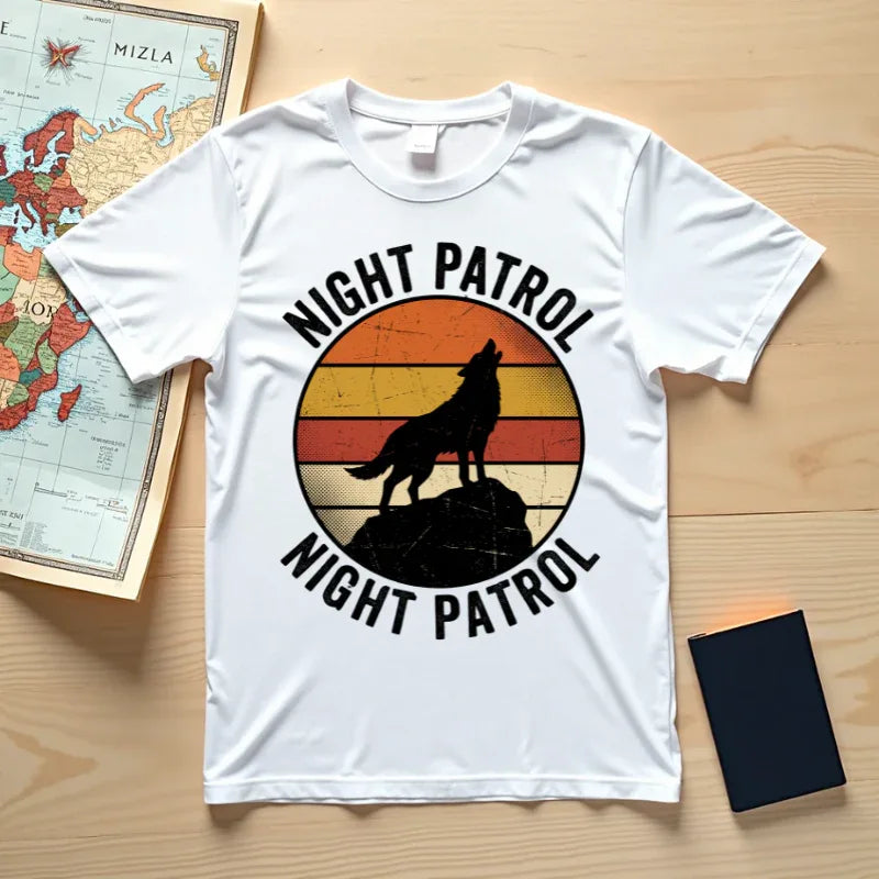 Night Patrol Howling Wolf T-Shirt, Retro Sunset Silhouette Tee, Vintage Outdoor Graphic Shirt, Garment-Dyed Unisex Hiking Camping Tee White
