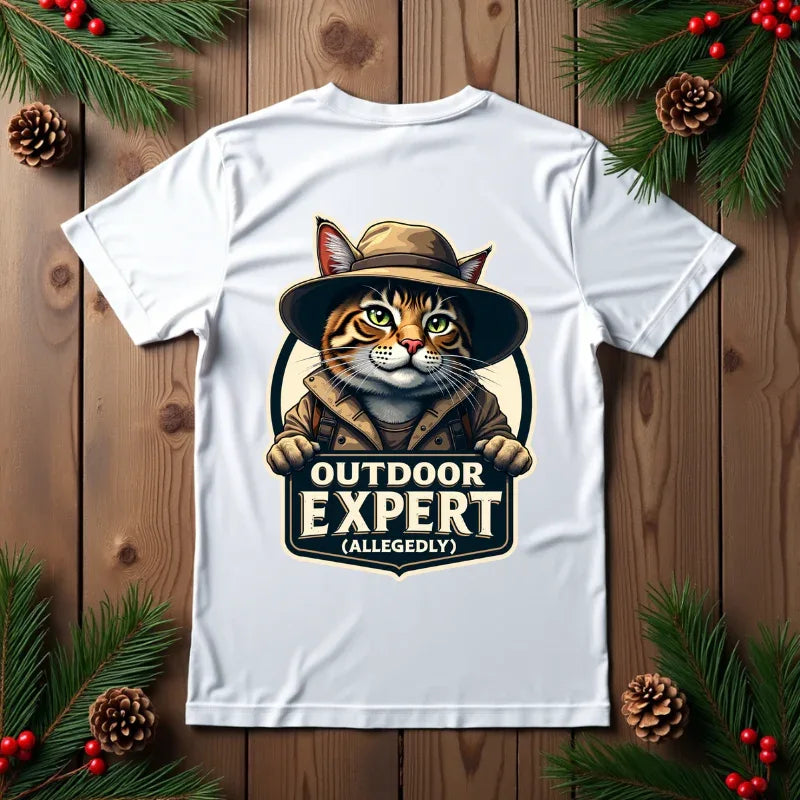 Outdoor Expert Cat T-Shirt, Outdoor Expert (Allegedly) Back Print Tee, Funny Camping Cat in Fedora Badge, Unisex Garment-Dyed White