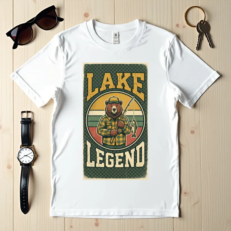 Lake Legend Bear Fishing T-Shirt | Retro Outdoors Graphic Tee | Vintage Cabin Lake Life Shirt | Garment-Dyed Heavyweight Unisex White