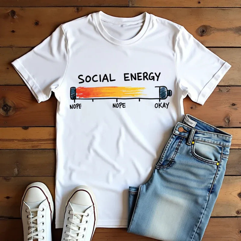 Social Energy Meter Shirt, Introvert Humor Tee, Social Battery Bar Chart T-Shirt, Funny Minimal Graphic, Nope to Okay Gift White