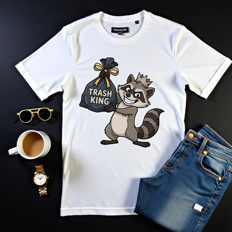 Trash King Raccoon Shirt, Funny Trash Panda Tee, Crown Trash Bag Graphic T-Shirt, Meme Streetwear Gift, Sarcastic Animal Humor White