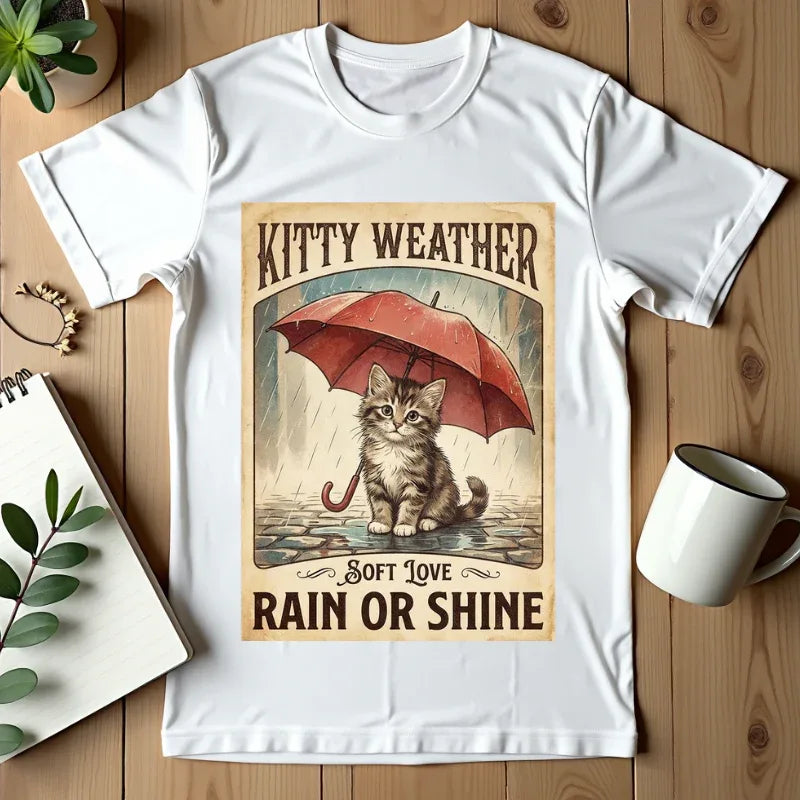 Kitty Weather Rain or Shine Shirt, Umbrella Cat Vintage Poster T-Shirt, Cozy Rainy Day Kitten Tee, Retro Cat Lover Gift White