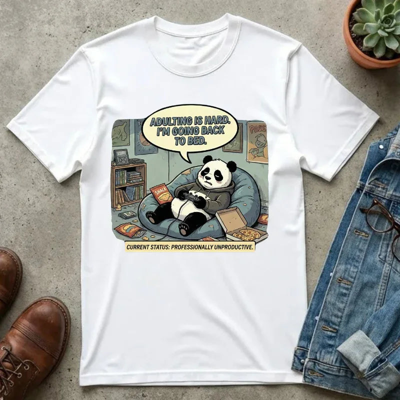Adulting Is Hard Panda T-Shirt | Lazy Reading Graphic Tee | Cozy Bookworm Humor Gift | Vintage Anti Hustle Comic Shirt White