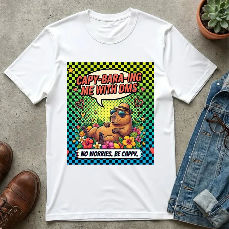 Capybara Relaxing Cartoon T-Shirt | Capy-bara-ing Me With DMs Tee | No Worries Be Cappy | Viral Meme Humor Gift Shirt White