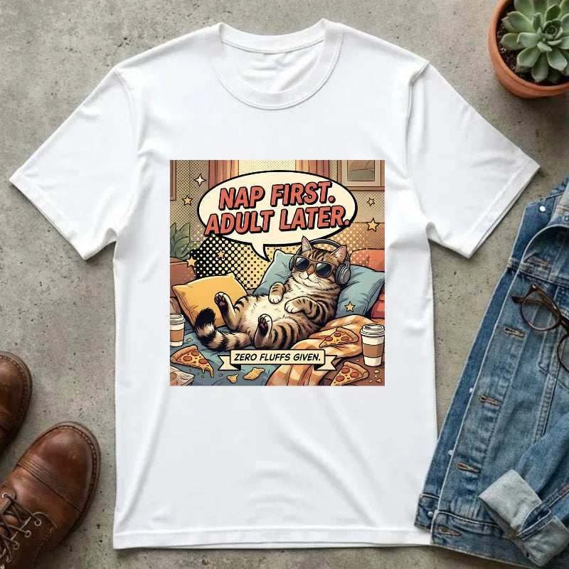 Nap First Adult Later T-Shirt | Retro Cat Comic Lazy Illustration | Cozy Humor Gift | Vintage Anti Adulting Tee White