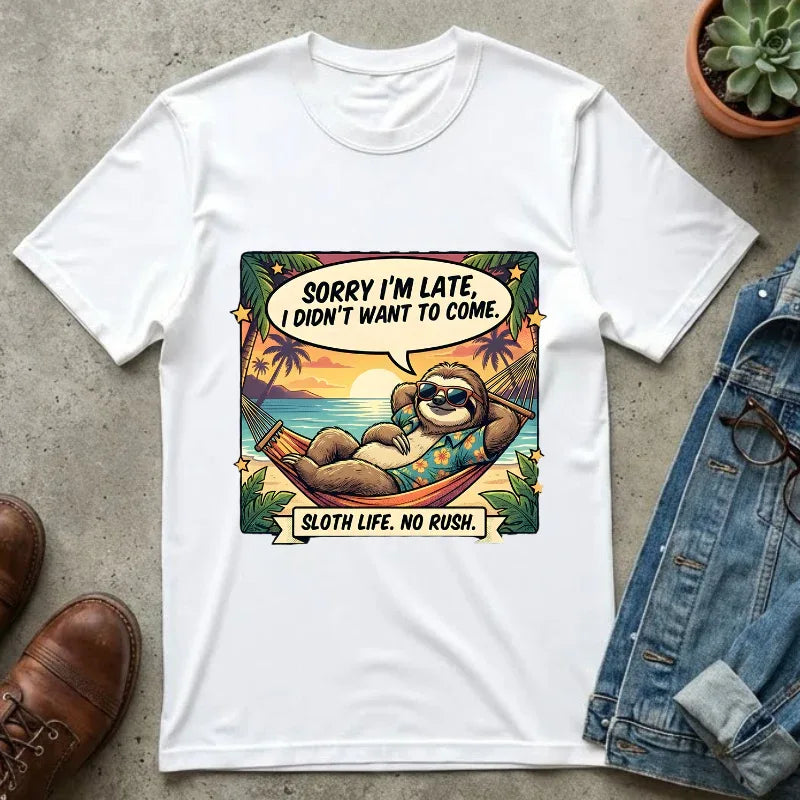Sorry Im Late Sloth Hammock T-Shirt | Sloth Life No Rush Tee | Beach Chill Humor Gift | Vintage Tropical Lazy Shirt White