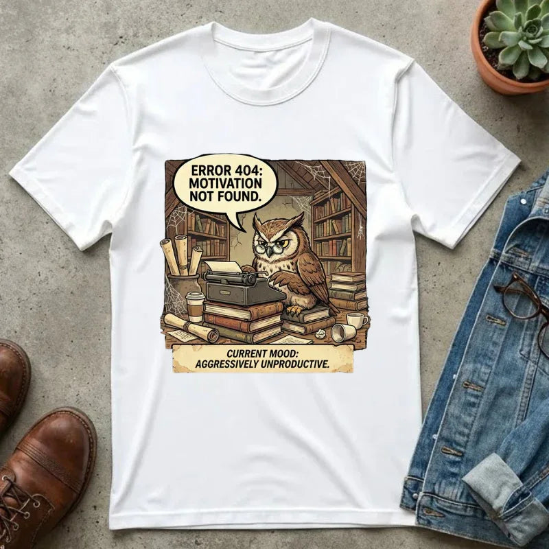 Error 404 Motivation Not Found Owl T-Shirt | Bookish Humor Study Vibes | Funny Programmer Gift | Vintage Sarcastic Student Tee White