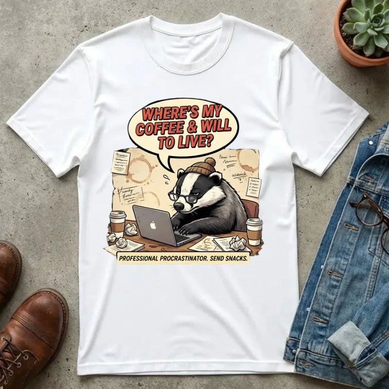Where's My Coffee and Will to Live Badger T-Shirt | Procrastination Coffee Design | Funny Freelancer Gift | Vintage Sarcastic Humor Tee White
