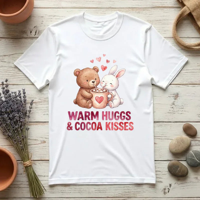 Warm Hugs and Cocoa Kisses T-Shirt | Bear Bunny Hot Cocoa Design | Cozy Winter Valentine Gift | Soft Vintage Aesthetic Tee White
