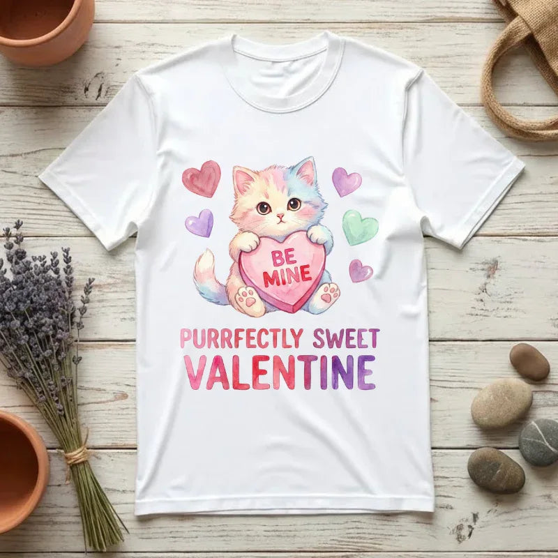 Purrfectly Sweet Valentine Cat T-Shirt | Be Mine Heart Design | Cute Pastel Kitten Tee | Cozy Romantic Gift for Cat Lovers White