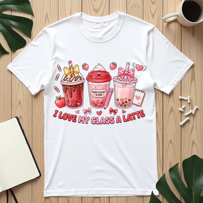 Strawberry Boba Drinks T-Shirt | I Love My Class A Latte Design | Cute Kawaii Bubble Tea Tee | Vintage Foodie Aesthetic Gift White