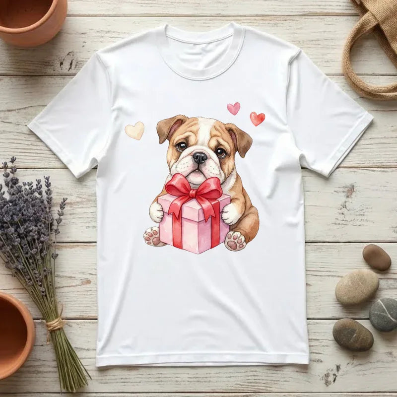 Bulldog Puppy with Gift T-Shirt | Cute Dog Valentine Hearts | Cozy Pet Lover Gift | Soft Vintage Aesthetic Dog Tee White