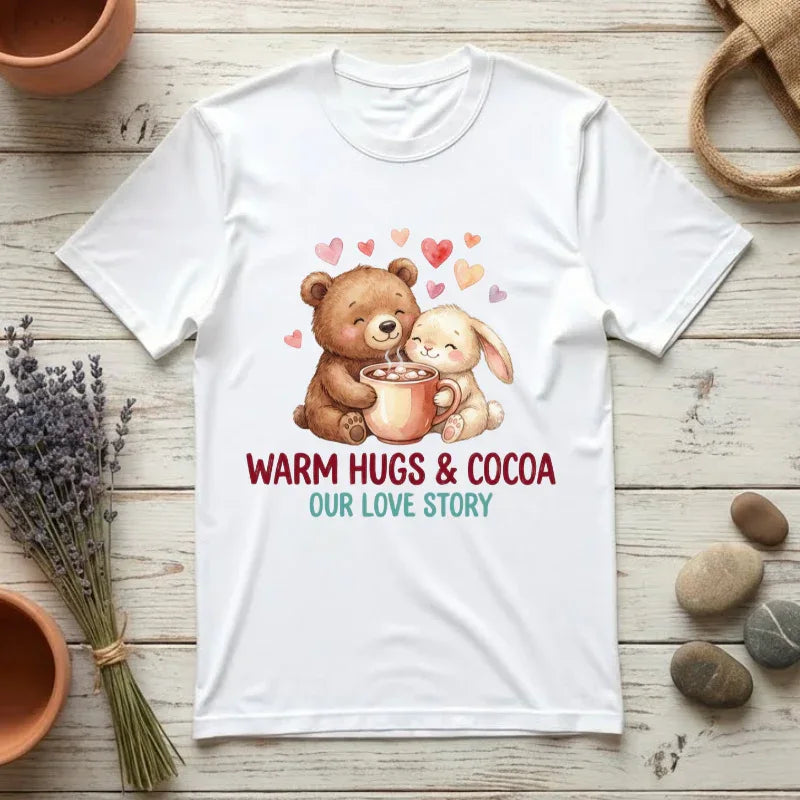 Warm Hugs and Cocoa Our Love Story T-Shirt | Bear Bunny Illustration | Cozy Winter Valentine Gift | Soft Vintage Storybook Tee White