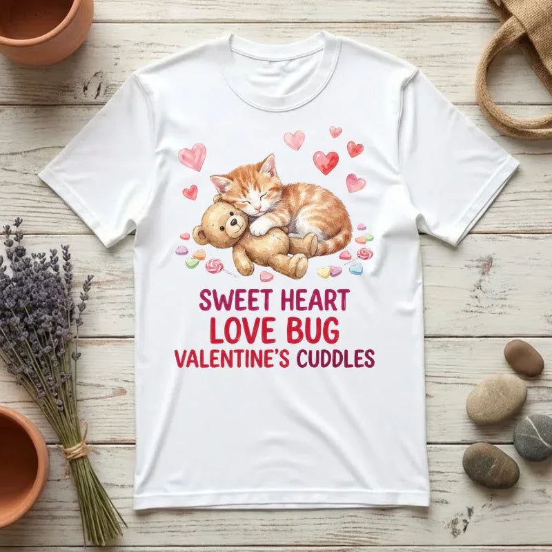 Sleeping Kitten with Teddy Bear Valentine T-Shirt | Sweetheart Love Bug Cuddles | Cozy Vintage Aesthetic | Cute Romantic Gift White