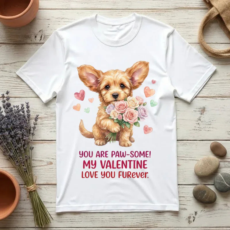 Cute Puppy Holding Roses Valentine T Shirt Paw-some Love You Furever Watercolor Cozy Vintage Aesthetic Gift Dog Lovers Soft Cotton Romantic White
