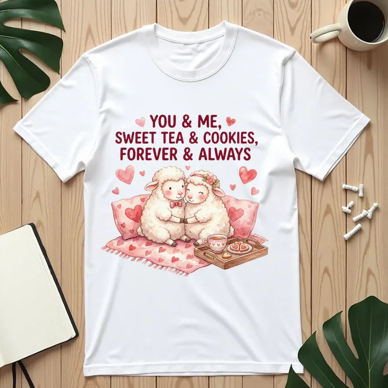 You and Me Sweet Tea Cookies Bears T Shirt Cute Cuddling Couple Watercolor Cozy Vintage Aesthetic Gift Lovers Soft Cotton Romantic Tee White