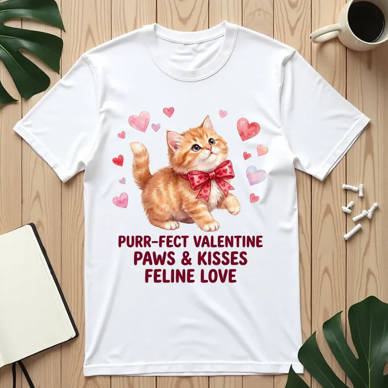 Purrfect Valentine Cat Paws Kisses T Shirt Cute Ginger Kitten Hearts Watercolor Cozy Vintage Aesthetic Gift Cat Lovers Soft Cotton Romantic White