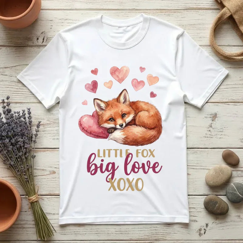 Sleeping Fox with Hearts T-Shirt | Little Fox Big Love XOXO | Cozy Woodland Valentine Gift | Soft Vintage Aesthetic Tee White