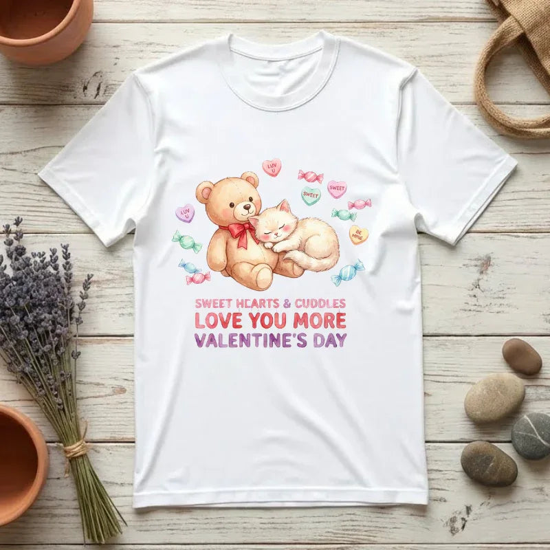 Cute Bear and Kitten Valentine T-shirt | Vintage Soft Love Tee | Couple Gift | Aesthetic Comfort Shirt | Retro Candy Heart Design White