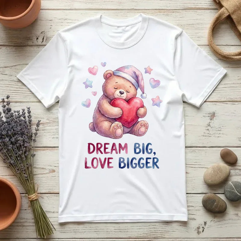 Teddy Bear Holding Heart Dream Big Love Bigger T Shirt Watercolor Cozy Vintage Aesthetic Gift Lovers Soft Cotton Motivational Tee White