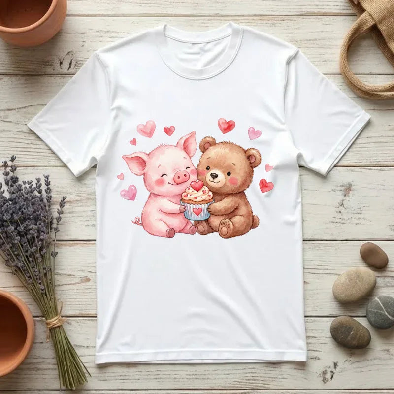 Youre My Sweetie My Cupcake Love T Shirt Cute Pig Bear Hearts Watercolor Cozy Vintage Aesthetic Gift Animal Lovers Soft Cotton Romantic Tee White