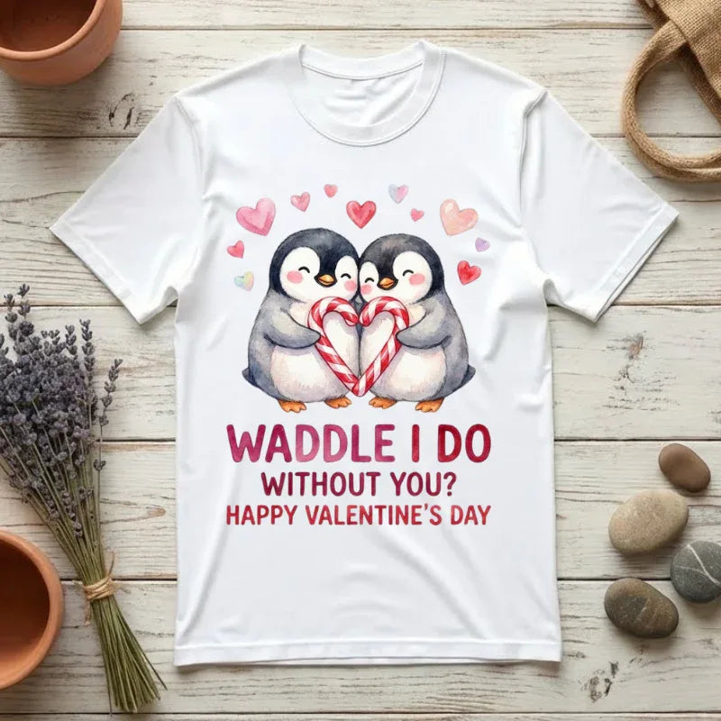 Valentine Penguin Couple Candy Hearts T Shirt Waddle I Do Without You Watercolor Cozy Vintage Aesthetic Gift Lovers Soft Cotton Romantic Tee White