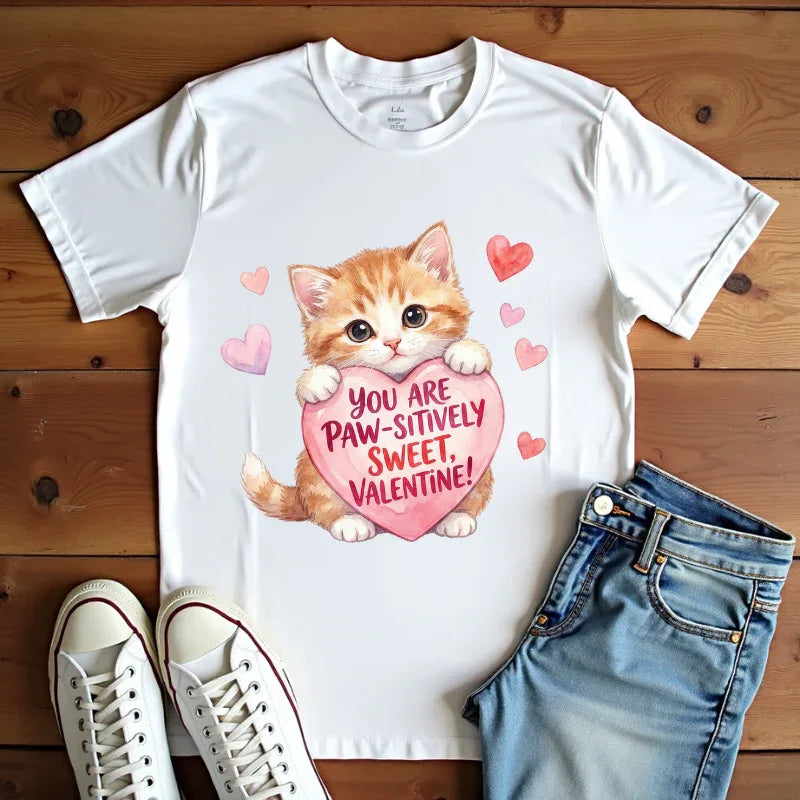Paw-sitively Sweet Valentine Kitten T-Shirt | Cute Cat Lover Gift | Vintage Aesthetic Love Tee | Soft Cozy Valentine Shirt White