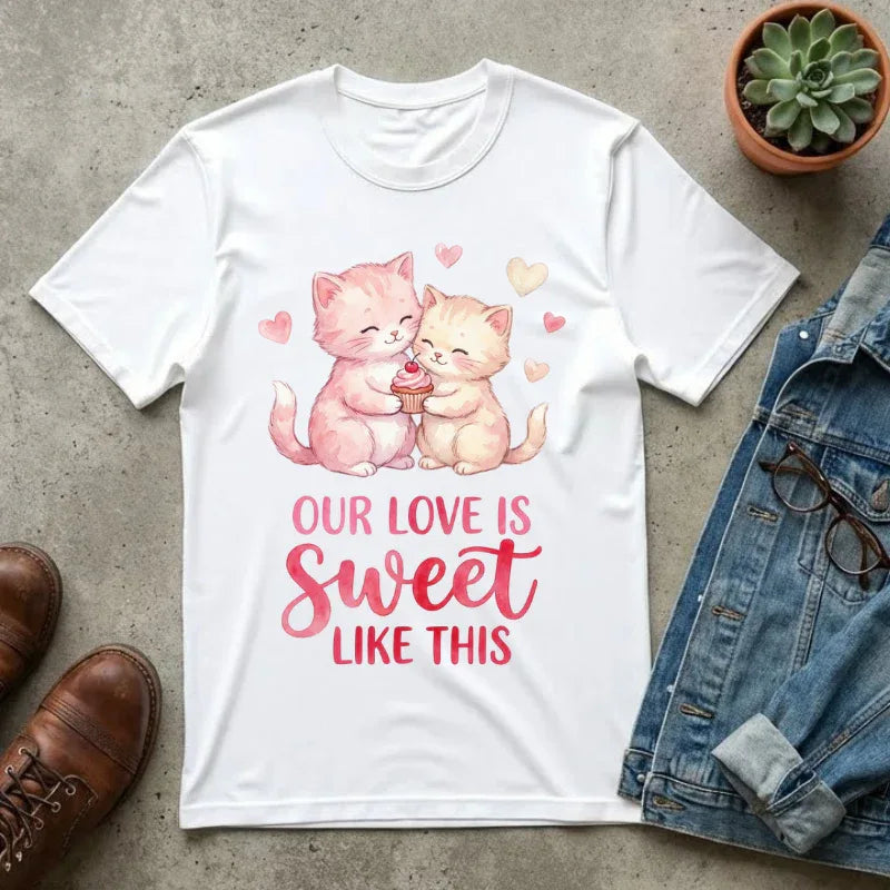 Cute Kittens Holding Cupcake Our Love Is Sweet T-Shirt | Valentine Cat Lover Tee | Vintage Cozy Aesthetic | Soft Romantic Gift White