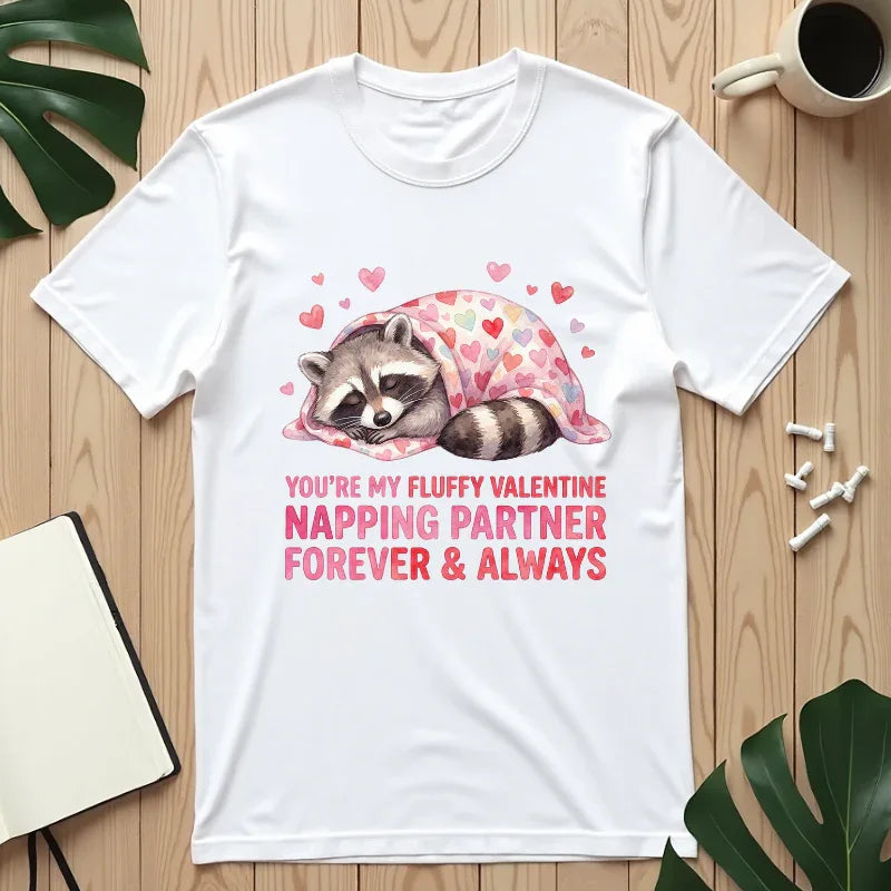 Sleeping Raccoon Valentine T Shirt Fluffy Napping Partner Forever Watercolor Cozy Vintage Aesthetic Gift Animal Lovers Soft Cotton Romantic White