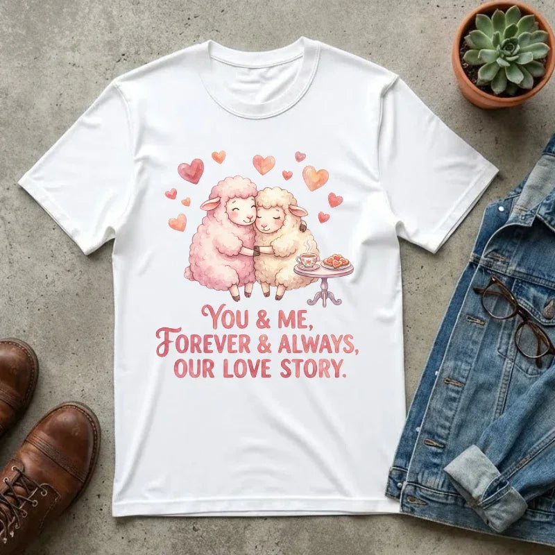 You and Me Forever Always Our Love Story T-Shirt | Cute Sheep Couple Tee | Cozy Valentine Gift | Vintage Soft Romantic Shirt White