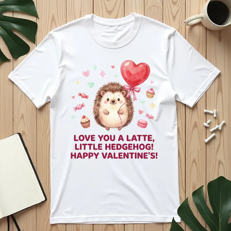 Love You A Latte Hedgehog T Shirt Cute Watercolor Heart Balloon Valentine Cozy Vintage Aesthetic Gift Animal Lovers Soft Cotton Romantic Tee White