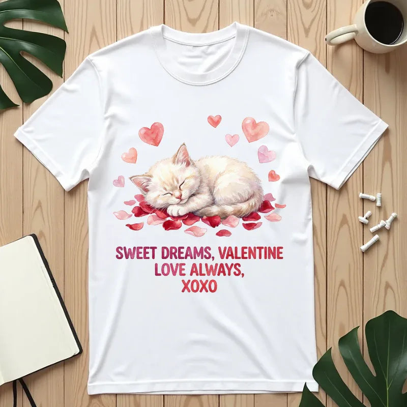 Sweet Dreams Valentine Kitten T Shirt Cute Sleeping Cat Hearts Watercolor Cozy Aesthetic Gift for Cat Lovers Soft VintageCotton Romantic Tee White