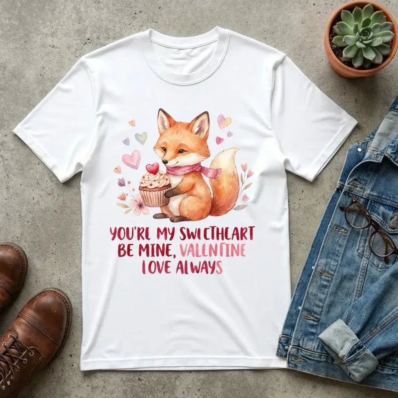 Valentine Fox with Cupcake T-Shirt | You re My Sweetheart | Be Mine Tee | Cute Woodland Animal Shirt | Vintage Aesthetic Valentine Gift White