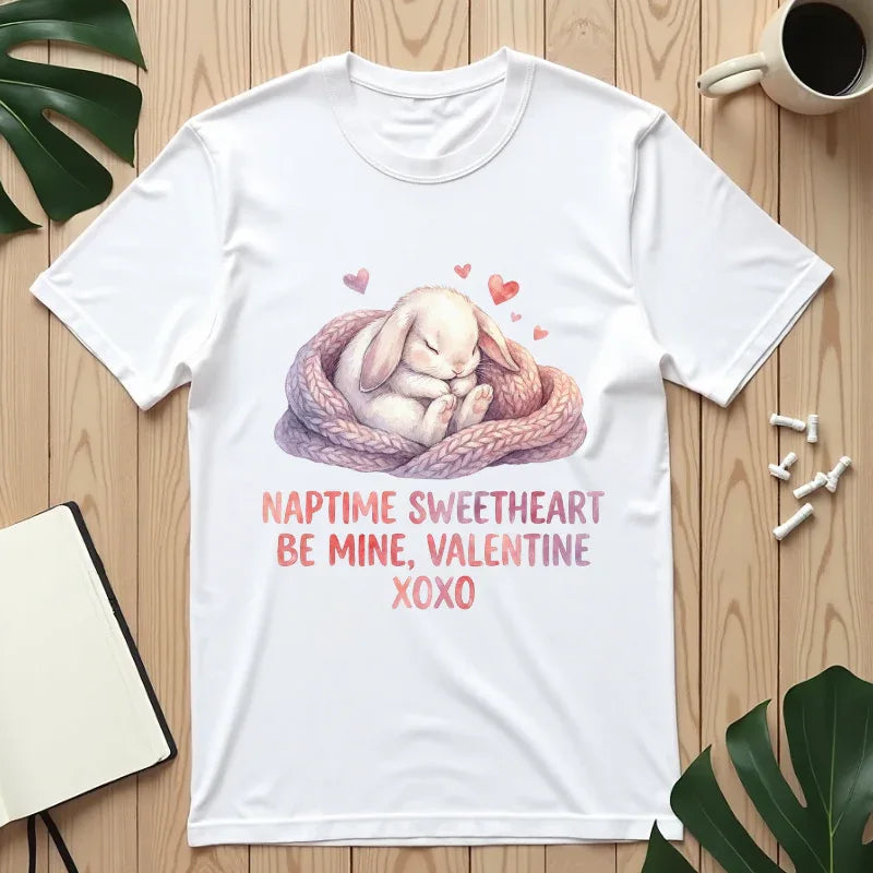 Sleeping Bunny Nest Valentine T Shirt Naptime Sweetheart Be Mine XOXO Watercolor Cozy Vintage Aesthetic Gift Bunny Lovers Romantic Tee White