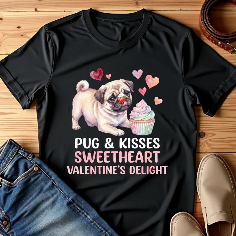 Pug Cupcake Sweetheart Valentines Delight T Shirt Cute Dog Hearts Watercolor Cozy Vintage Aesthetic Gift Pug Lovers Soft Cotton Romantic Tee White
