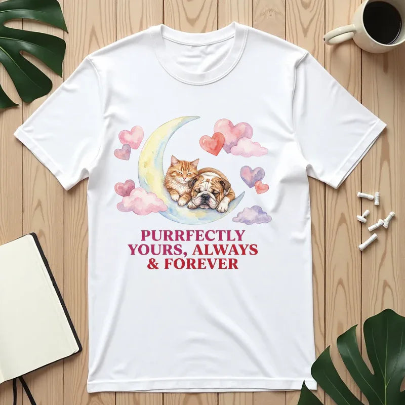 Purrfectly Yours Cat Dog Moon T Shirt Cute Pet Friends Hearts Watercolor Cozy Vintage Aesthetic Gift Pet Lovers Soft Cotton Romantic Tee White