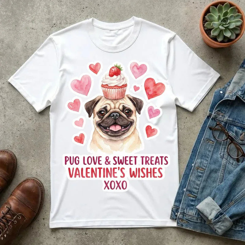 Pug with Cupcake Valentine T Shirt Cute Dog Hearts Sweet Treats Watercolor Cozy Vintage Aesthetic Gift Dog Lovers Soft Cotton Romantic Tee White