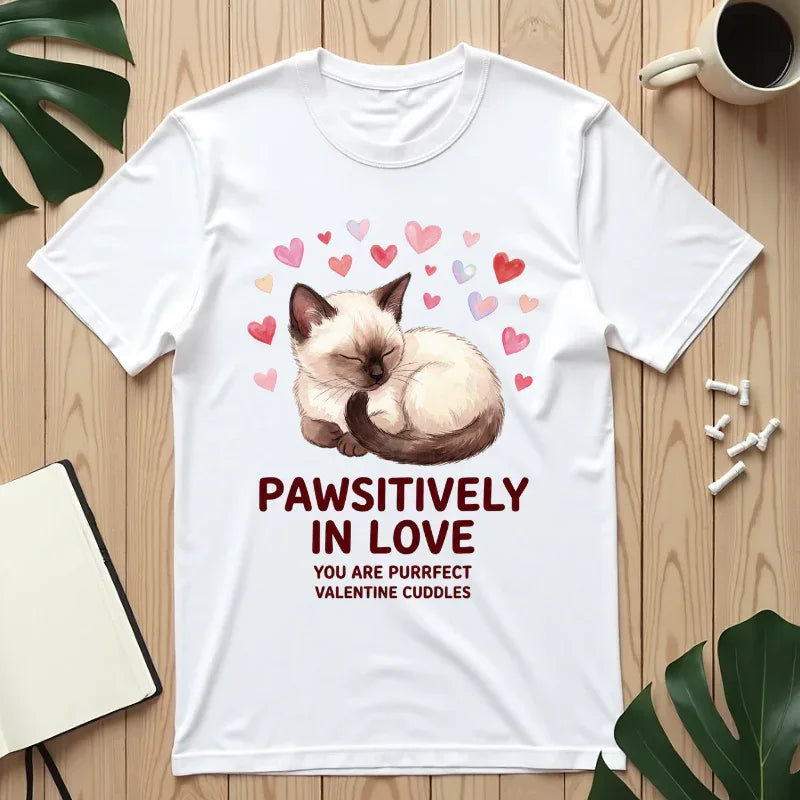 Pawsitively in Love Cat Valentines T Shirt Cute Siamese Kitten Hearts Cozy Soft Cotton Vintage Aesthetic Gift for Cat Lovers White