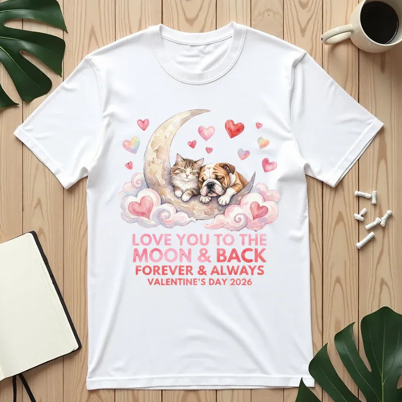 Love You to the Moon and Back Cats T Shirt Cute Kittens Crescent Moon Hearts Watercolor Cozy Vintage Aesthetic Gift Cat Lovers Valentine Tee White