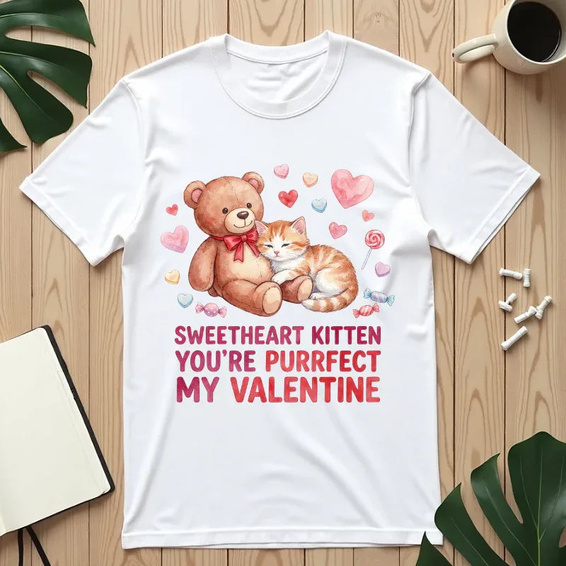 Sweetheart Kitten Youre Purrfect My Valentine T Shirt Cute Cat Teddy Bear Hearts Watercolor Cozy Vintage Aesthetic Gift Cat Lovers White