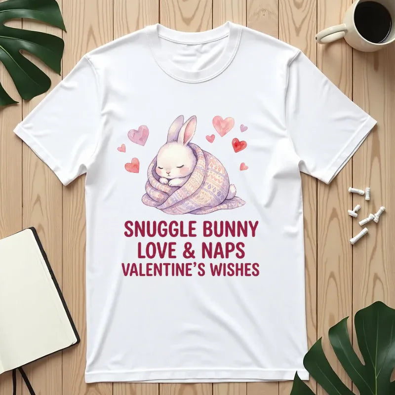 Snuggle Bunny Love and Naps Valentines T Shirt Cute Bunny Hearts Watercolor Cozy Vintage Aesthetic Gift for Bunny Lovers Soft Romantic White